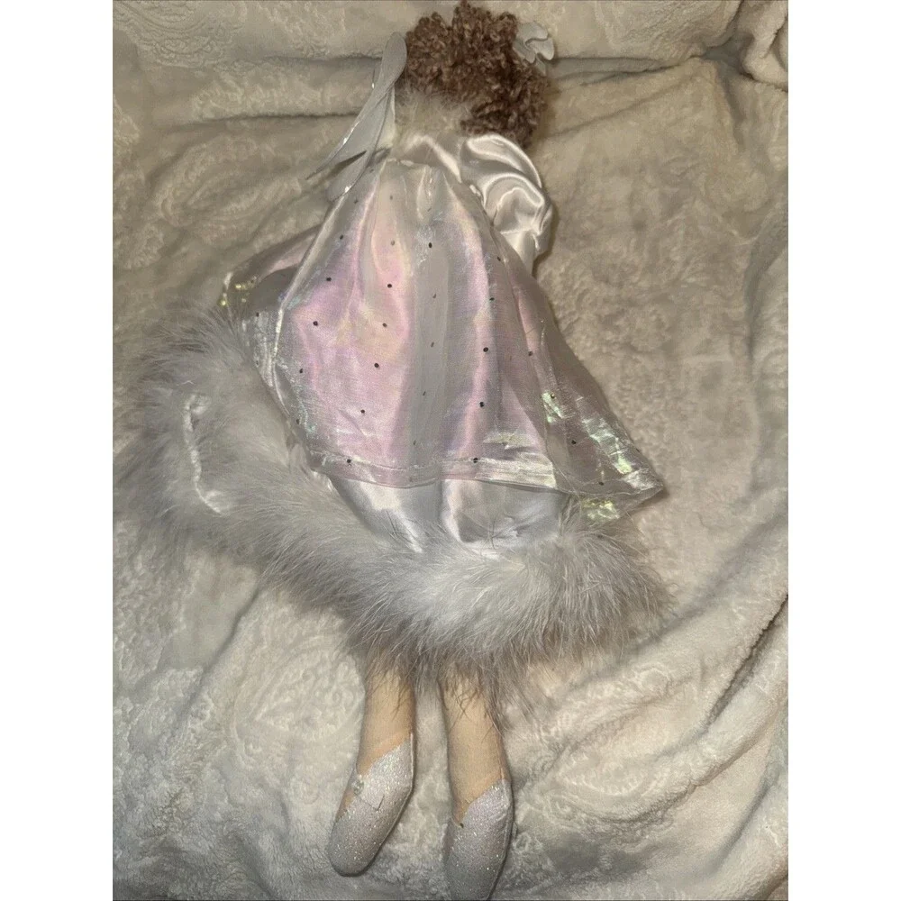 Ballerina Angel shelf Sitter Doll Plush Bean Bag White Glitter Bow Feather Trim
